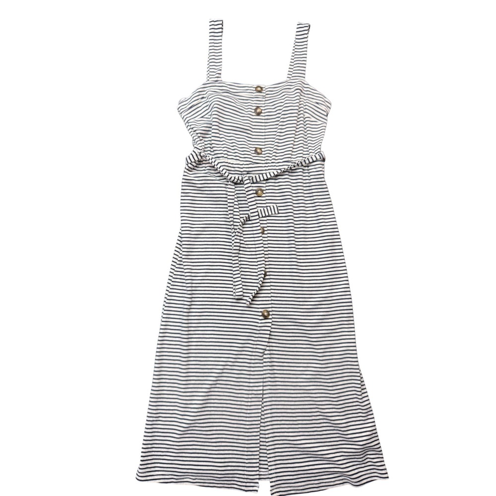 Kaileigh Midi Dress Women M Navy Excellent Nautical Striped Button Front Tie